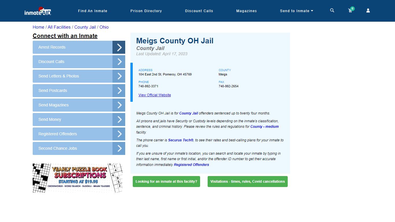 Meigs County OH Jail - Inmate Locator - Pomeroy, OH